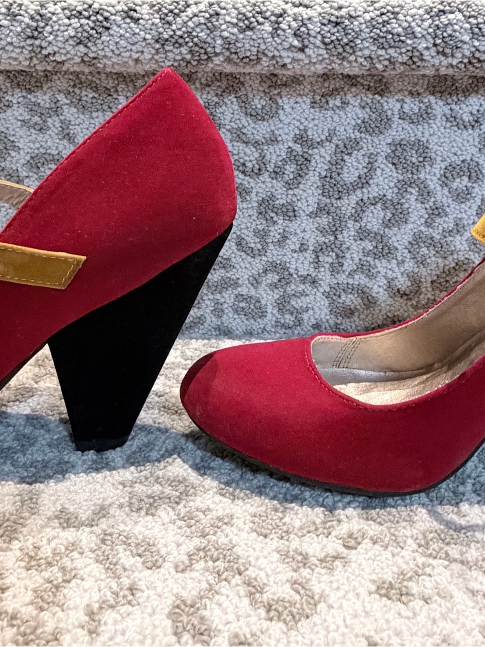 Red Faux Suede Mary Jane Pumps with Mustard Strap - Women